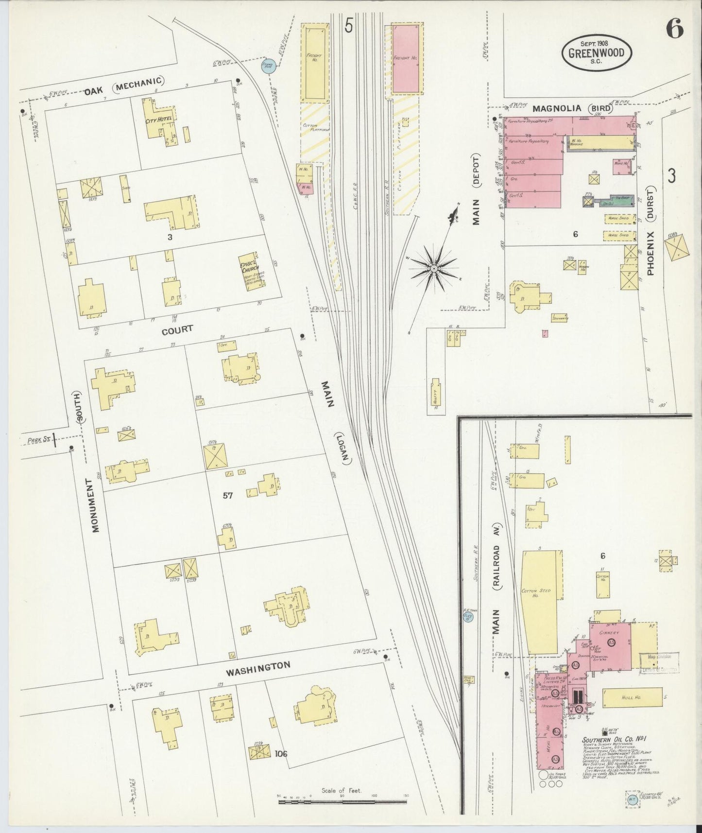 Sanborn Fire Insurance Map from Greenwood, Greenwood County, South Carolina (1908), Sheet #0006 - Complete Map Set gallery image, historic Sanborn map, vintage wall art, South Carolina South Carolina