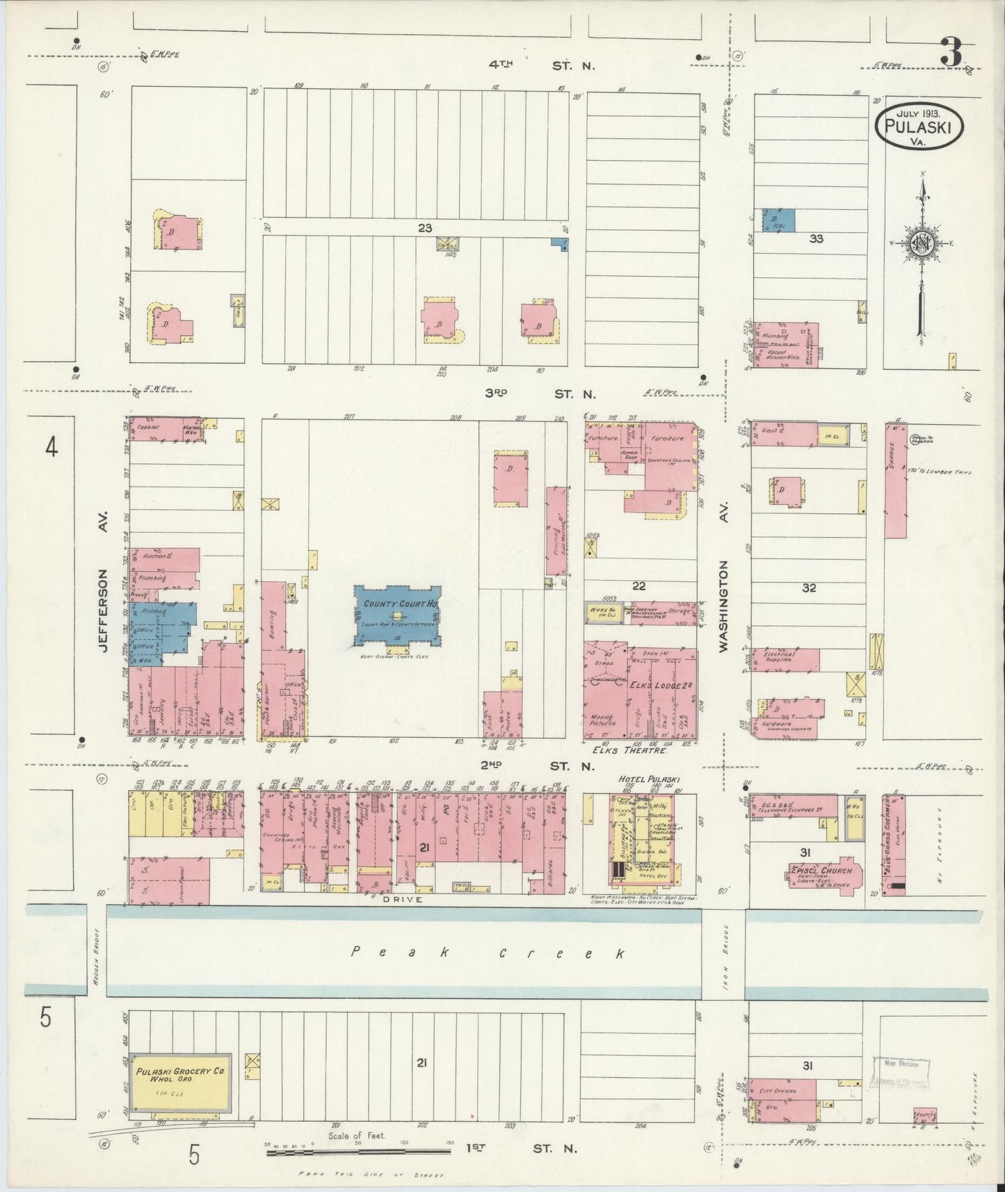 Sanborn Fire Insurance Map from Pulaski, Pulaski County, Virginia (1913), Sheet #0003 - Historic Sanborn Fire Insurance Map Print, vintage old map wall art, antique decor, genealogy gift, Virginia Virginia map