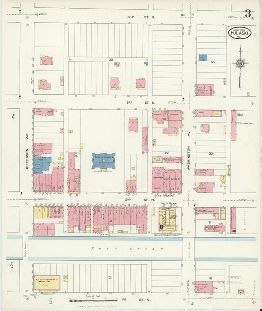 Sanborn Fire Insurance Map from Pulaski, Pulaski County, Virginia (1913), Sheet #0003 - Historic Sanborn Fire Insurance Map Print, vintage old map wall art, antique decor, genealogy gift, Virginia Virginia map