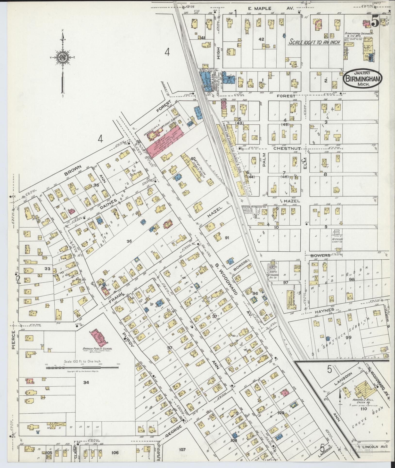 Sanborn Fire Insurance Map from Birmingham, Oakland County, Michigan (1921), Sheet #0005 - Complete Map Set gallery image, historic Sanborn map, vintage wall art, Michigan Michigan