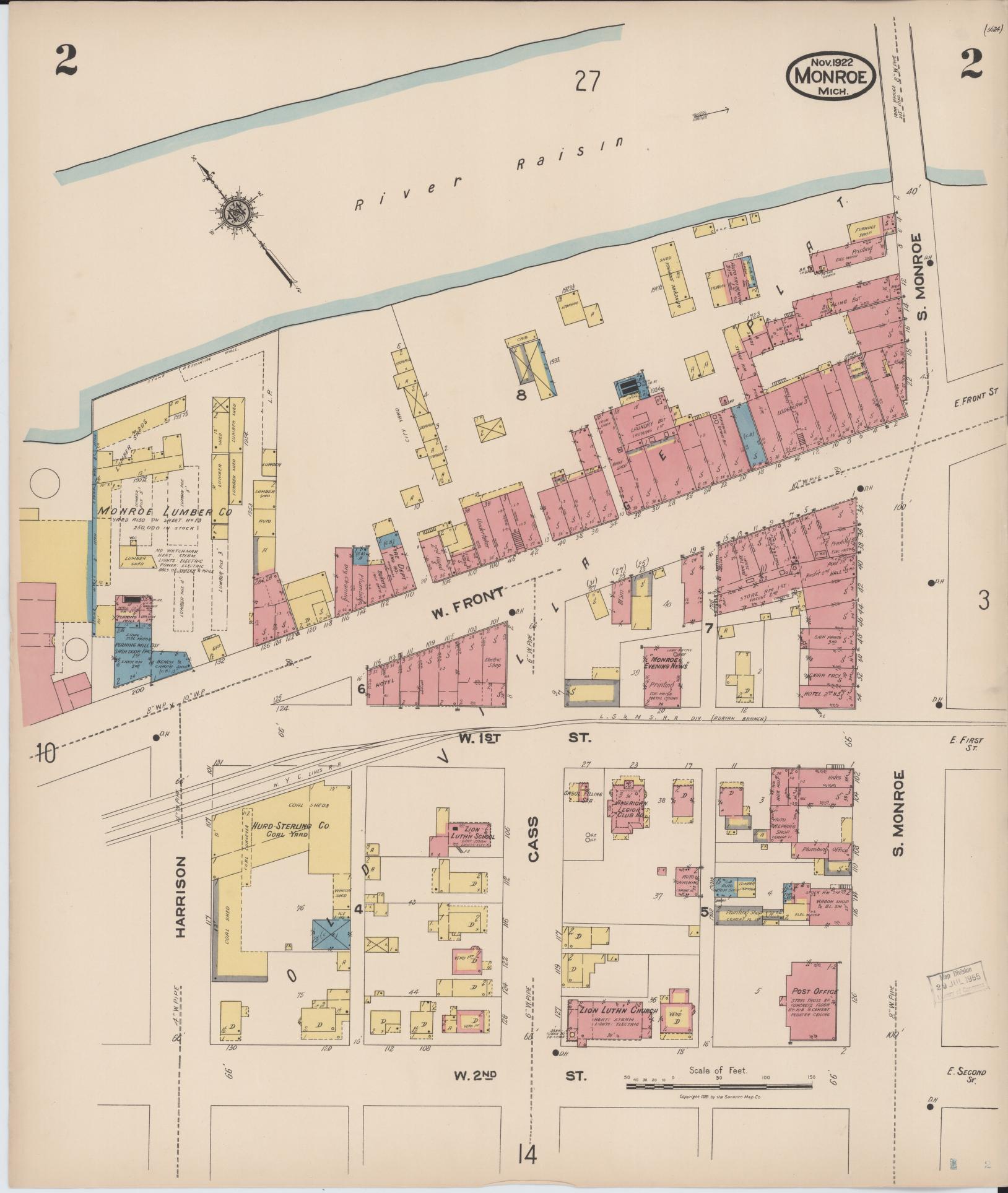 Sanborn Fire Insurance Map from Monroe, Monroe County, Michigan (1922), Sheet #0002 - Complete Map Set gallery image, historic Sanborn map, vintage wall art, Michigan Michigan