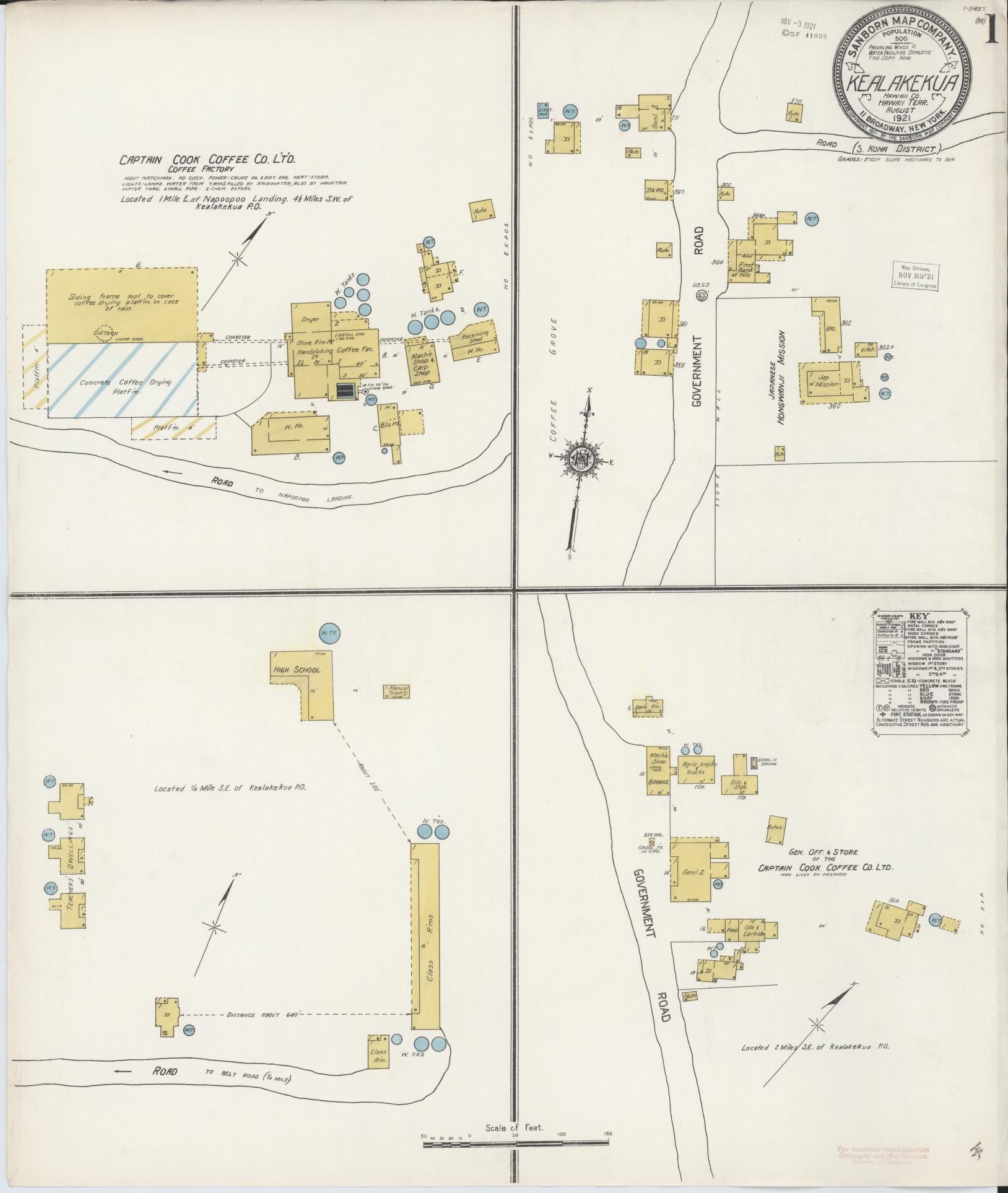 Sanborn Fire Insurance Map from Kealakekua, Hawaii County, Hawaii (1921), Sheet #0001 - Historic Sanborn Fire Insurance Map Print, vintage old map wall art, antique decor, genealogy gift, Kealakekua Hawaii map
