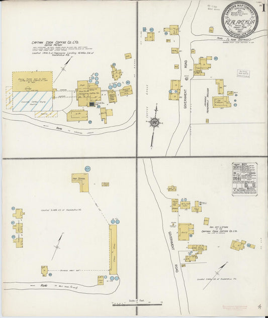 Sanborn Fire Insurance Map from Kealakekua, Hawaii County, Hawaii (1921), Sheet #0001 - Historic Sanborn Fire Insurance Map Print, vintage old map wall art, antique decor, genealogy gift, Kealakekua Hawaii map