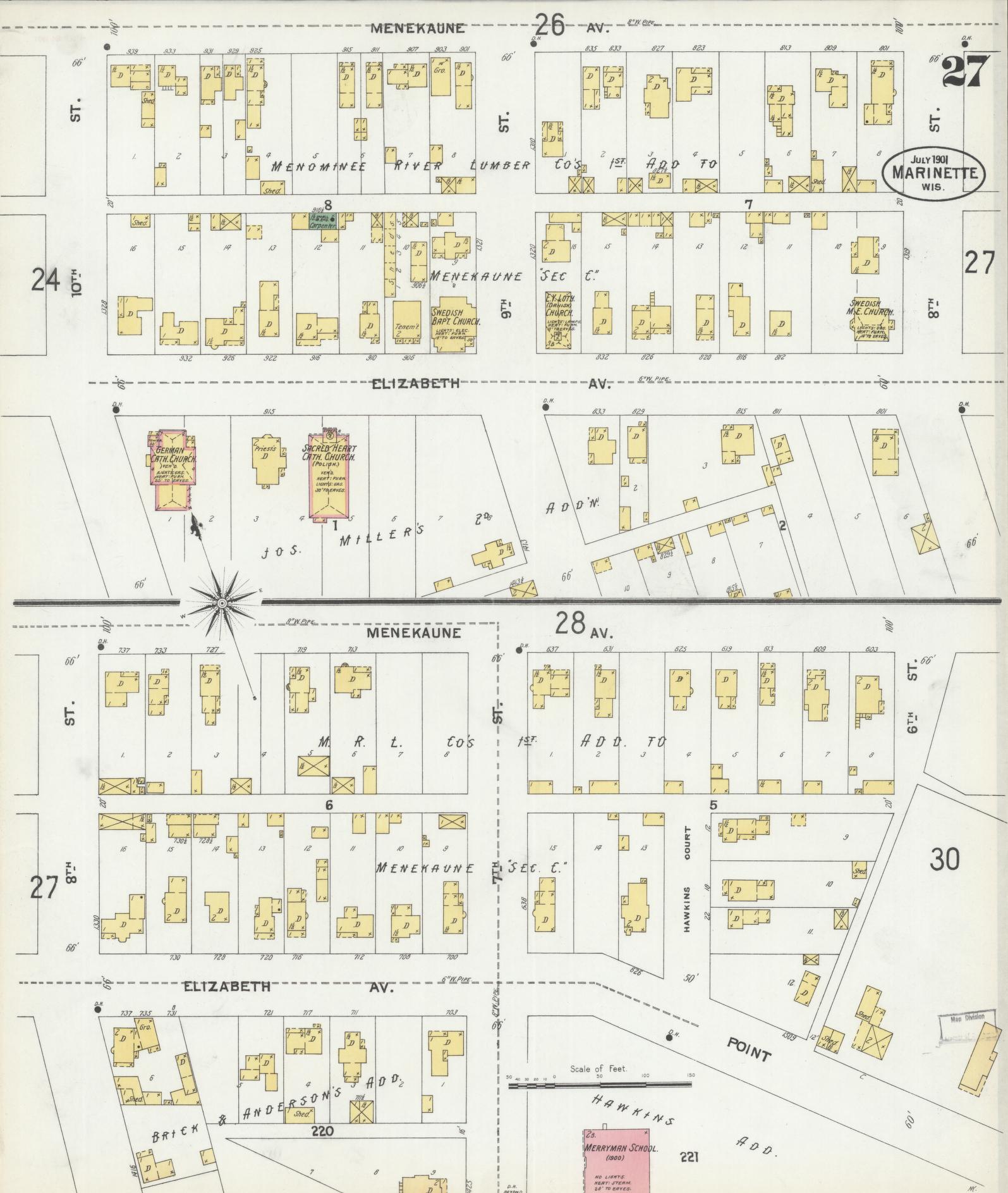 Sanborn Fire Insurance Map from Marinette, Marinette County, Wisconsin (1901), Sheet #0027 - Historic Sanborn Fire Insurance Map Print, vintage old map wall art, antique decor, genealogy gift, Wisconsin Wisconsin map