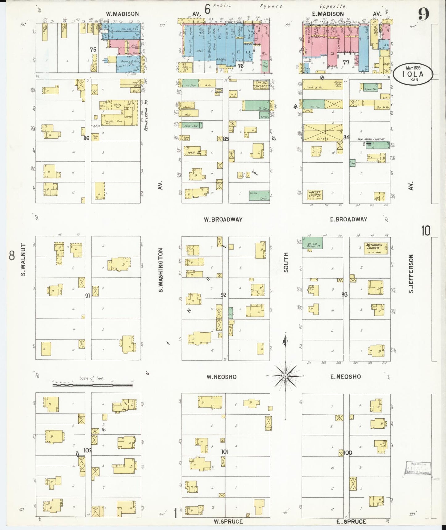 Sanborn Fire Insurance Map from Iola, Allen County, Kansas (1899), Sheet #0009 - Historic Sanborn Fire Insurance Map Print, vintage old map wall art, antique decor, genealogy gift, Kansas Kansas map