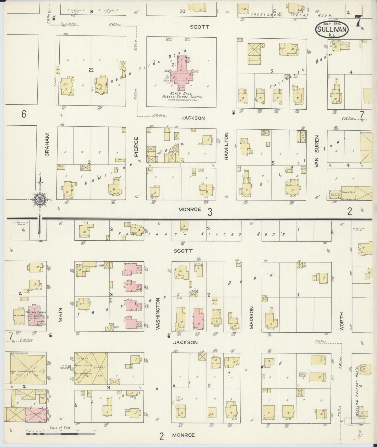 Sanborn Fire Insurance Map from Sullivan, Moultrie County, Illinois (1914), Sheet #0007 - Historic Sanborn Fire Insurance Map Print, vintage old map wall art, antique decor, genealogy gift, Illinois Illinois map