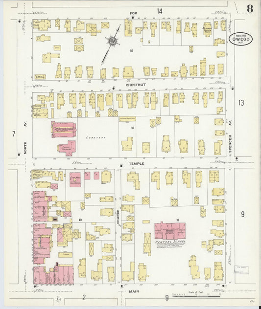 Sanborn Fire Insurance Map from Owego, Tioga County, New York (1910), Sheet #0008 - Historic Sanborn Fire Insurance Map Print, vintage old map wall art, antique decor, genealogy gift, New York New York map