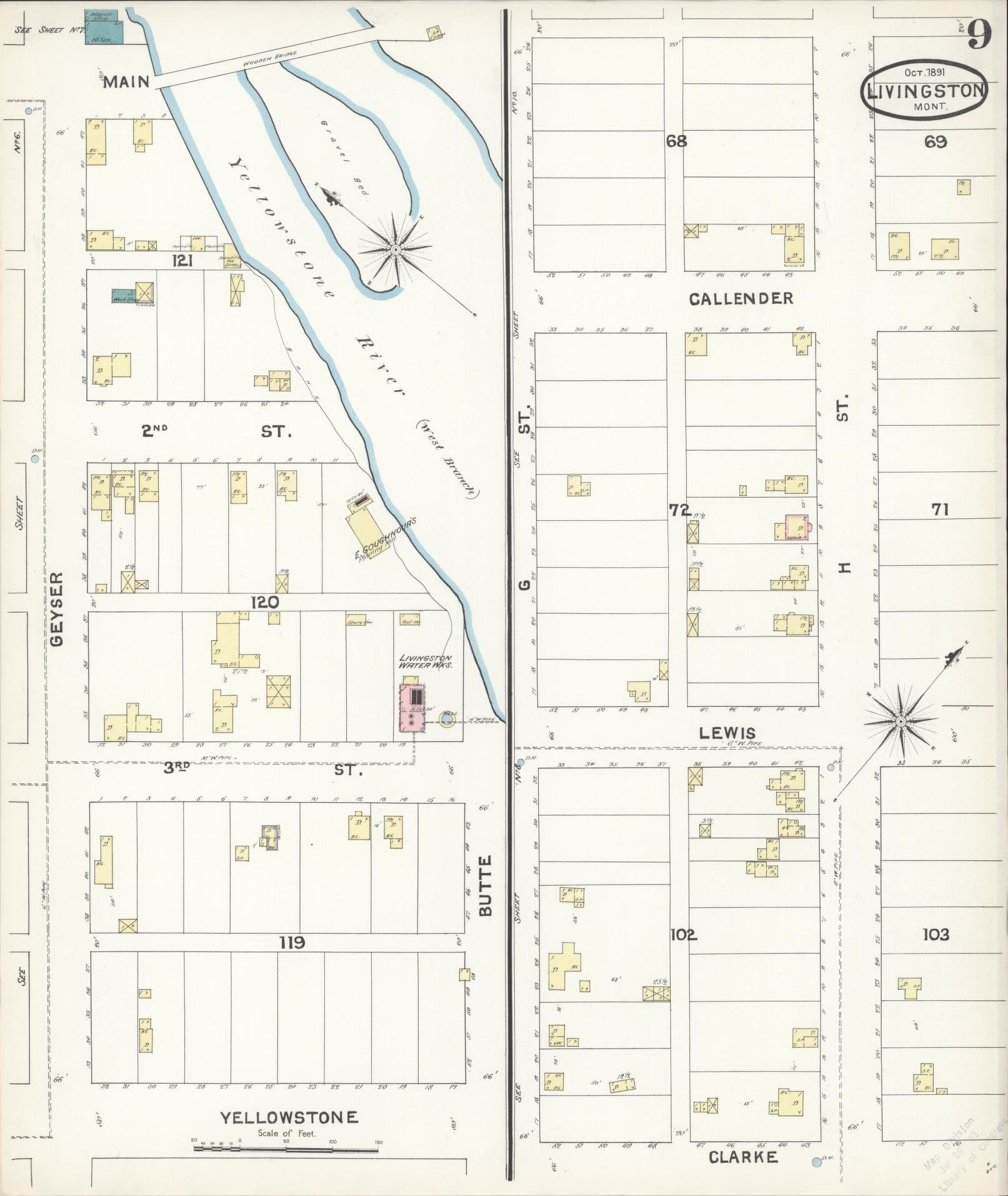 Sanborn Fire Insurance Map from Livingston, Park County, Montana (1891), Sheet #0009 - Historic Sanborn Fire Insurance Map Print, vintage old map wall art, antique decor, genealogy gift, Montana Montana map