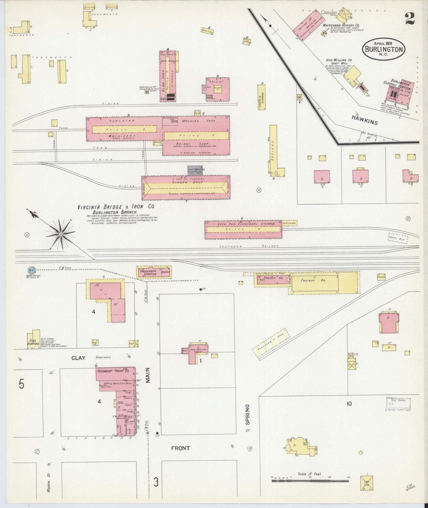 Sanborn Fire Insurance Map from Burlington, Alamance County, North Carolina (1908), Sheet #0002 - Complete Map Set gallery image, historic Sanborn map, vintage wall art, North Carolina North Carolina