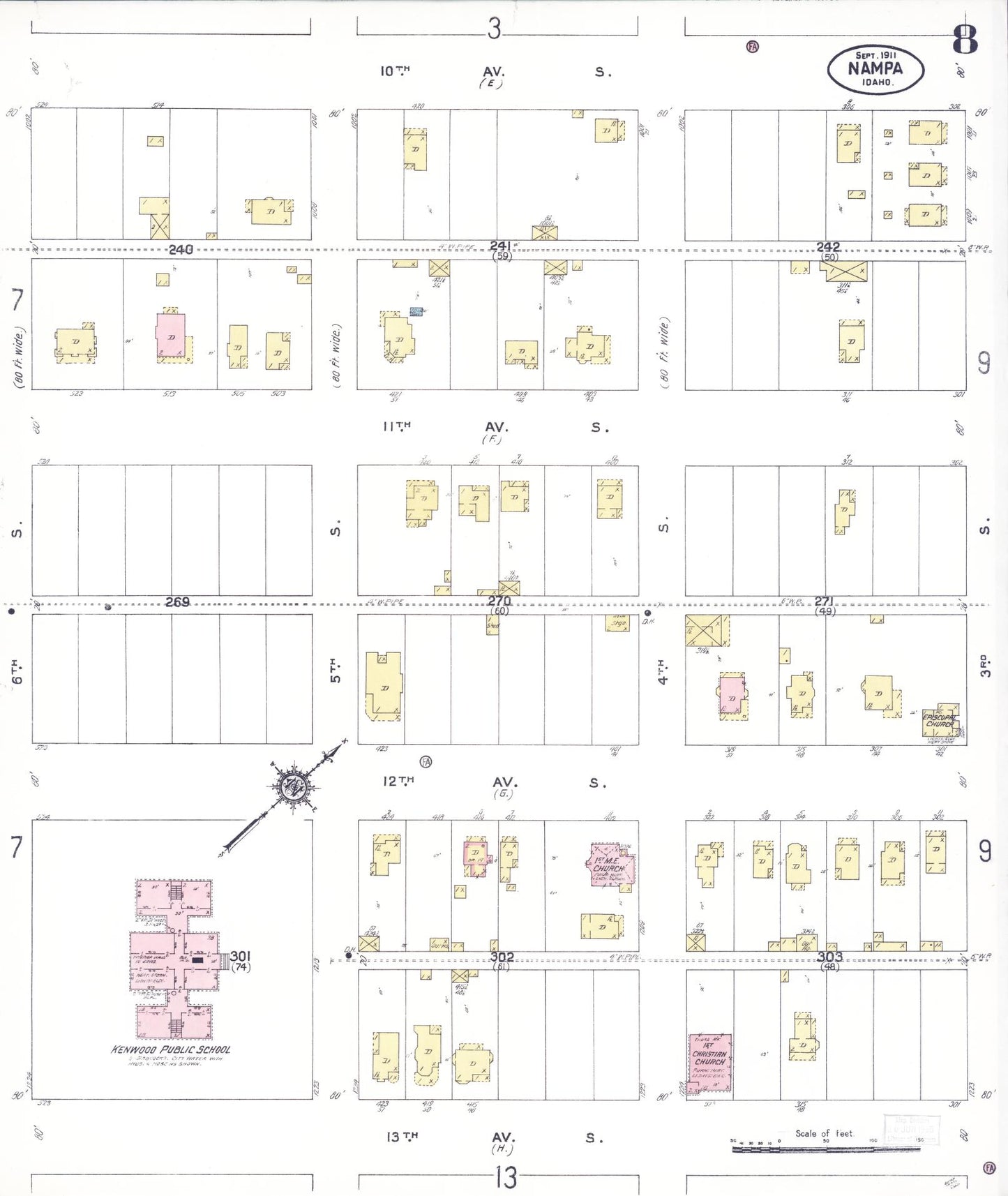 Sanborn Fire Insurance Map from Nampa, Canyon County, Idaho (1911), Sheet #0008 - Complete Map Set gallery image, historic Sanborn map, vintage wall art, Idaho Idaho