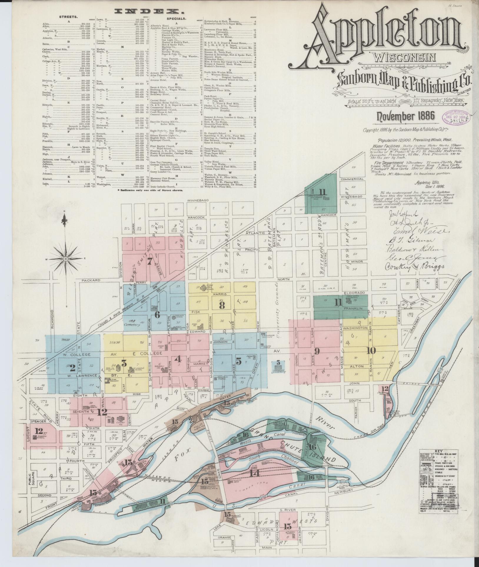 Sanborn Fire Insurance Map from Appleton, Outagamie County, Wisconsin (1886), Sheet #0001 - Historic Sanborn Fire Insurance Map Print, vintage old map wall art, antique decor, genealogy gift, Wisconsin Wisconsin map