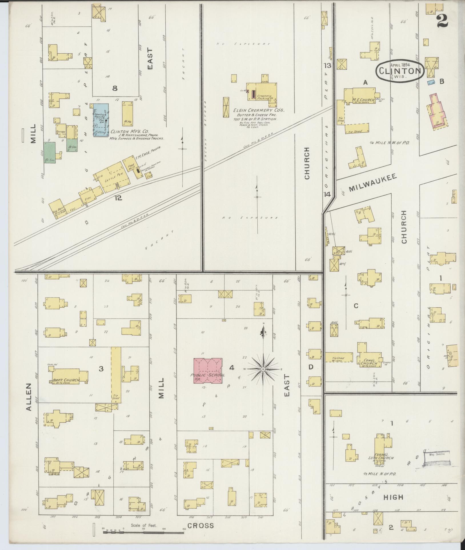 Sanborn Fire Insurance Map from Clinton, Rock County, Wisconsin (1894), Sheet #0002 - Complete Map Set gallery image, historic Sanborn map, vintage wall art, Wisconsin Wisconsin