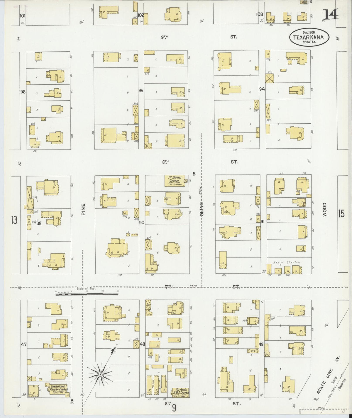 Sanborn Fire Insurance Map from Texarkana, Bowie County, Texas (1900), Sheet #0014 - Complete Map Set gallery image, historic Sanborn map, vintage wall art, Texas Texas