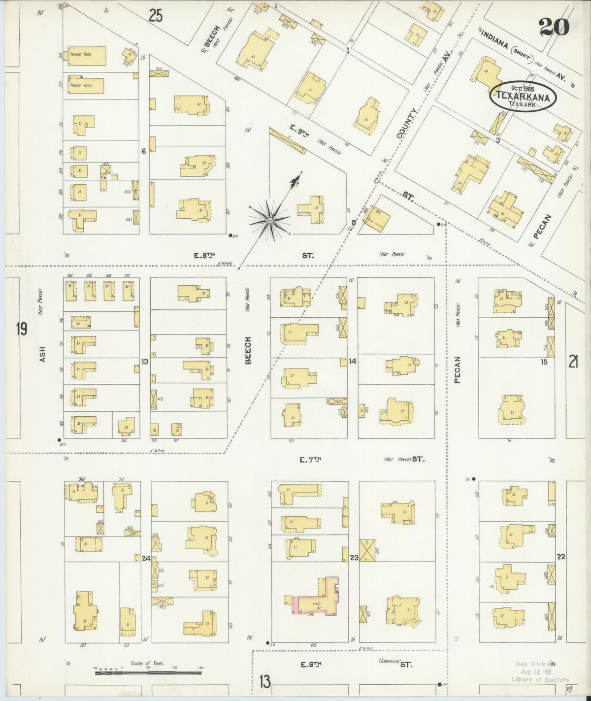 Sanborn Fire Insurance Map from Texarkana, Bowie County, Texas (1905), Sheet #0020 - Historic Sanborn Fire Insurance Map Print, vintage old map wall art, antique decor, genealogy gift, Texas Texas map