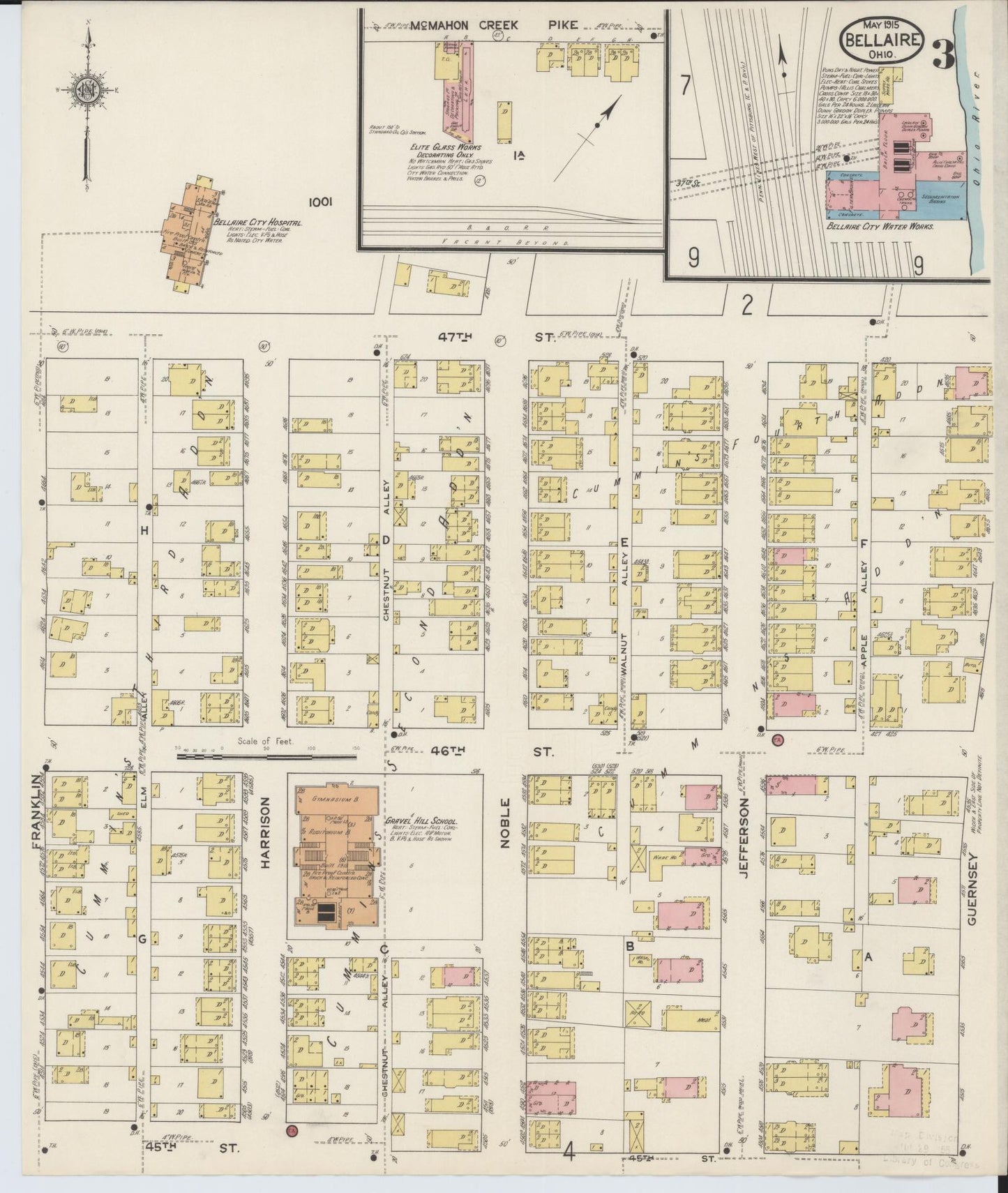 Sanborn Fire Insurance Map from Bellaire, Belmont County, Ohio (1915), Sheet #0003 - Historic Sanborn Fire Insurance Map Print, vintage old map wall art, antique decor, genealogy gift, Ohio Ohio map