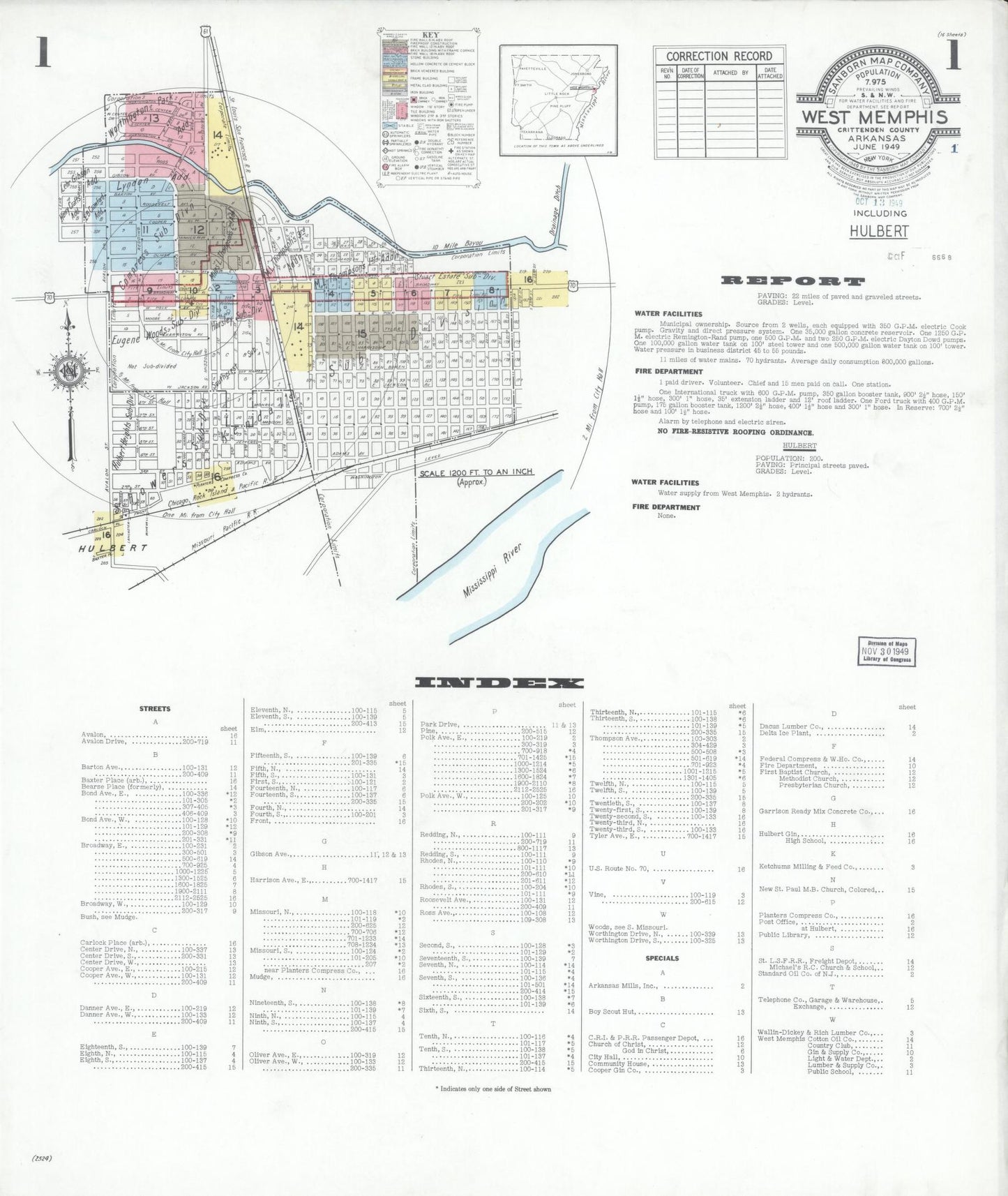 Sanborn Fire Insurance Map from West Memphis, Crittenden County, Arkansas (1949), Sheet #0001 - Historic Sanborn Fire Insurance Map Print, vintage old map wall art, antique decor, genealogy gift, Arkansas Arkansas map