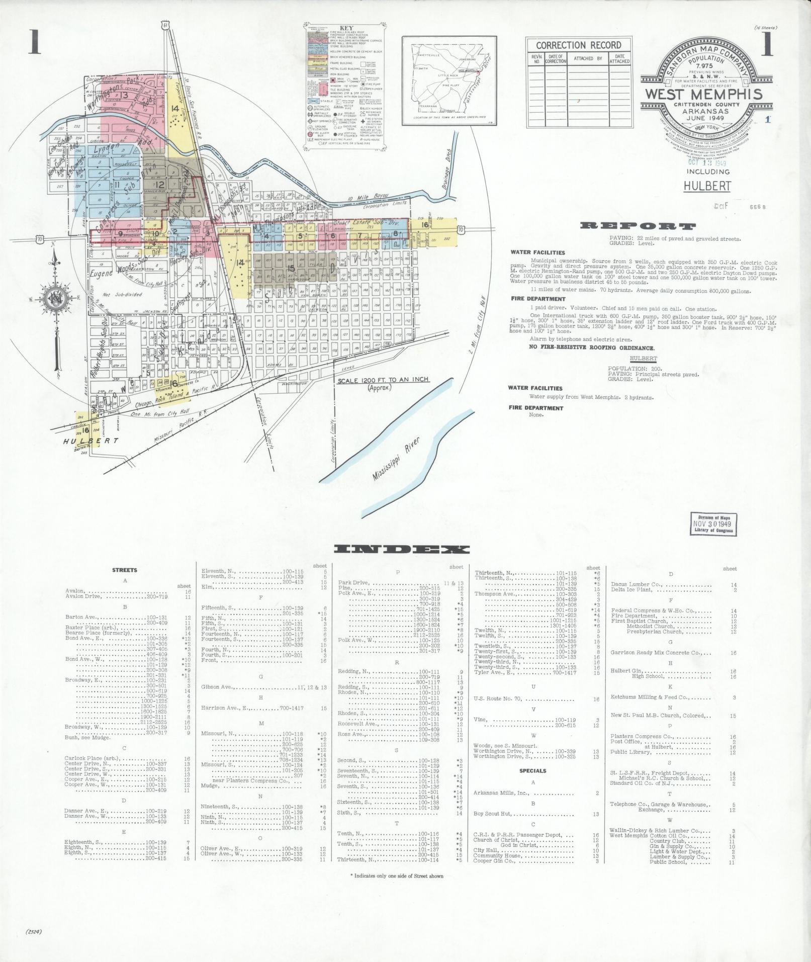 Sanborn Fire Insurance Map from West Memphis, Crittenden County, Arkansas (1949), Sheet #0001 - Historic Sanborn Fire Insurance Map Print, vintage old map wall art, antique decor, genealogy gift, Arkansas Arkansas map