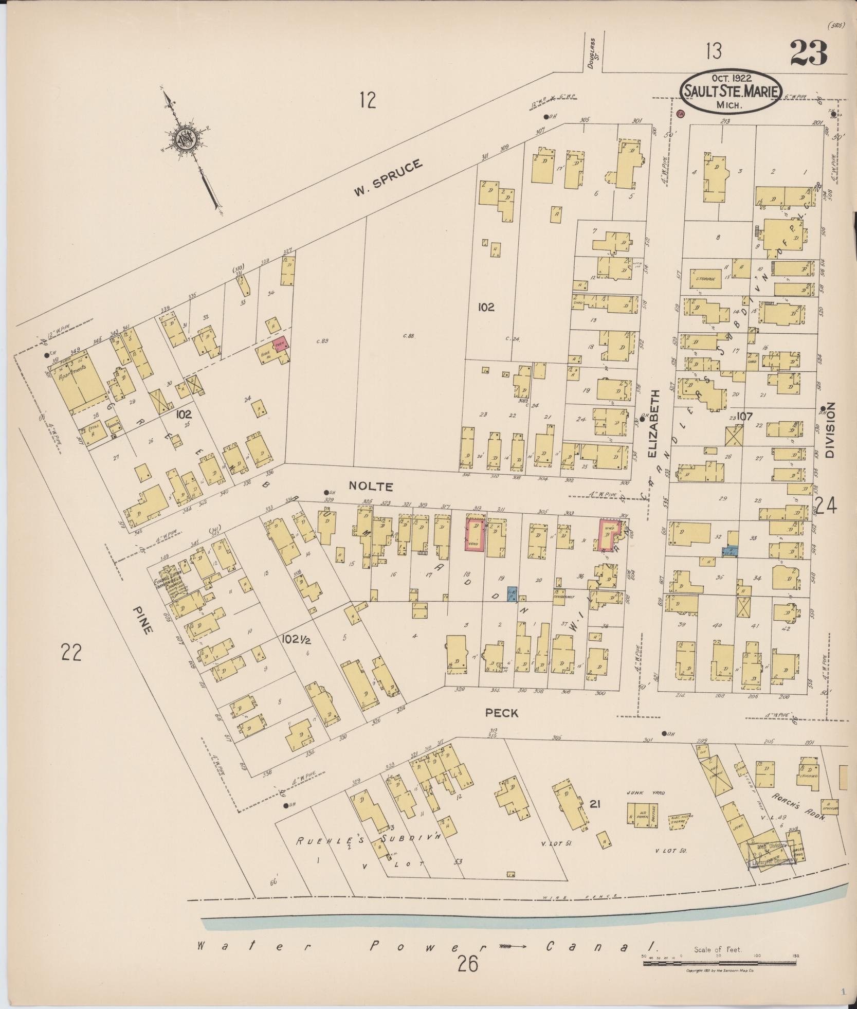 Sanborn Fire Insurance Map from Sault Sainte Marie, Chippewa County, Michigan (1922), Sheet #0023 - Historic Sanborn Fire Insurance Map Print, vintage old map wall art, antique decor, genealogy gift, Michigan Michigan map