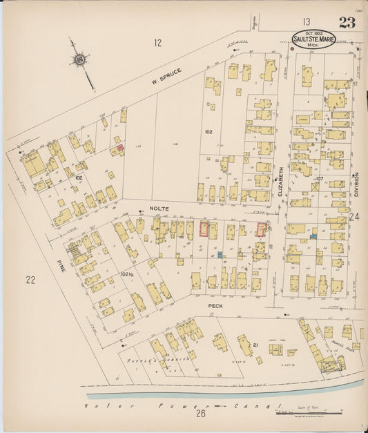 Sanborn Fire Insurance Map from Sault Sainte Marie, Chippewa County, Michigan (1922), Sheet #0023 - Historic Sanborn Fire Insurance Map Print, vintage old map wall art, antique decor, genealogy gift, Michigan Michigan map