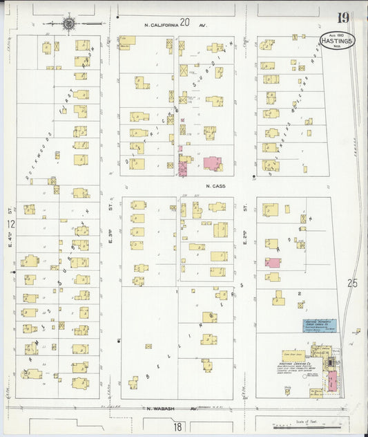 Sanborn Fire Insurance Map from Hastings, Adams County, Nebraska (1910), Sheet #0019 - Historic Sanborn Fire Insurance Map Print, vintage old map wall art, antique decor, genealogy gift, Nebraska Nebraska map
