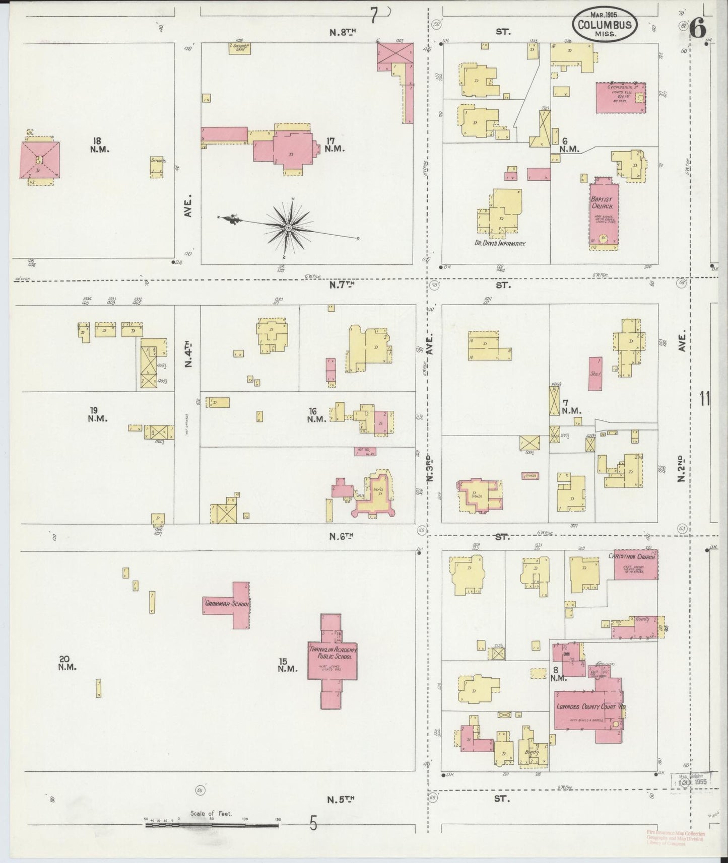Sanborn Fire Insurance Map from Columbus, Lowndes County, Mississippi (1905), Sheet #0006 - Historic Sanborn Fire Insurance Map Print, vintage old map wall art, antique decor, genealogy gift, Mississippi Mississippi map