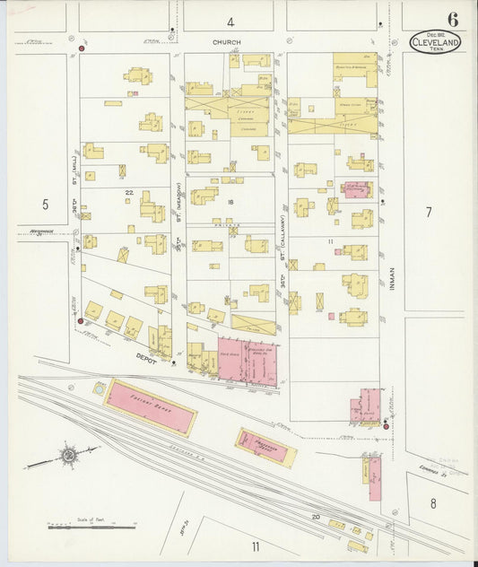 Sanborn Fire Insurance Map from Cleveland, Bradley County, Tennessee (1912), Sheet #0006 - Historic Sanborn Fire Insurance Map Print, vintage old map wall art, antique decor, genealogy gift, Tennessee Tennessee map
