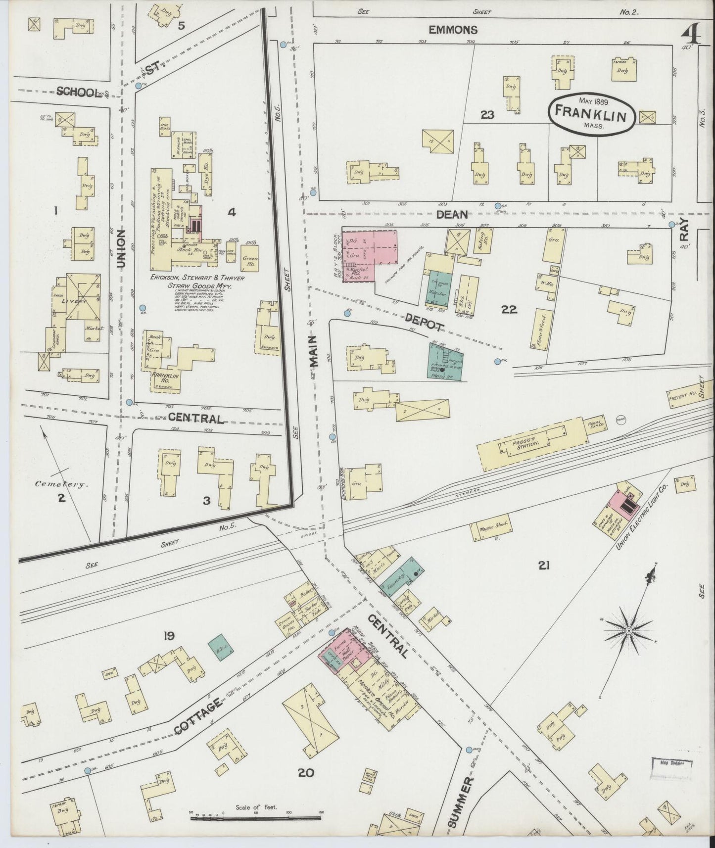 Sanborn Fire Insurance Map from Franklin, Norfolk County, Massachusetts (1889), Sheet #0004 - Complete Map Set gallery image, historic Sanborn map, vintage wall art, Massachusetts Massachusetts
