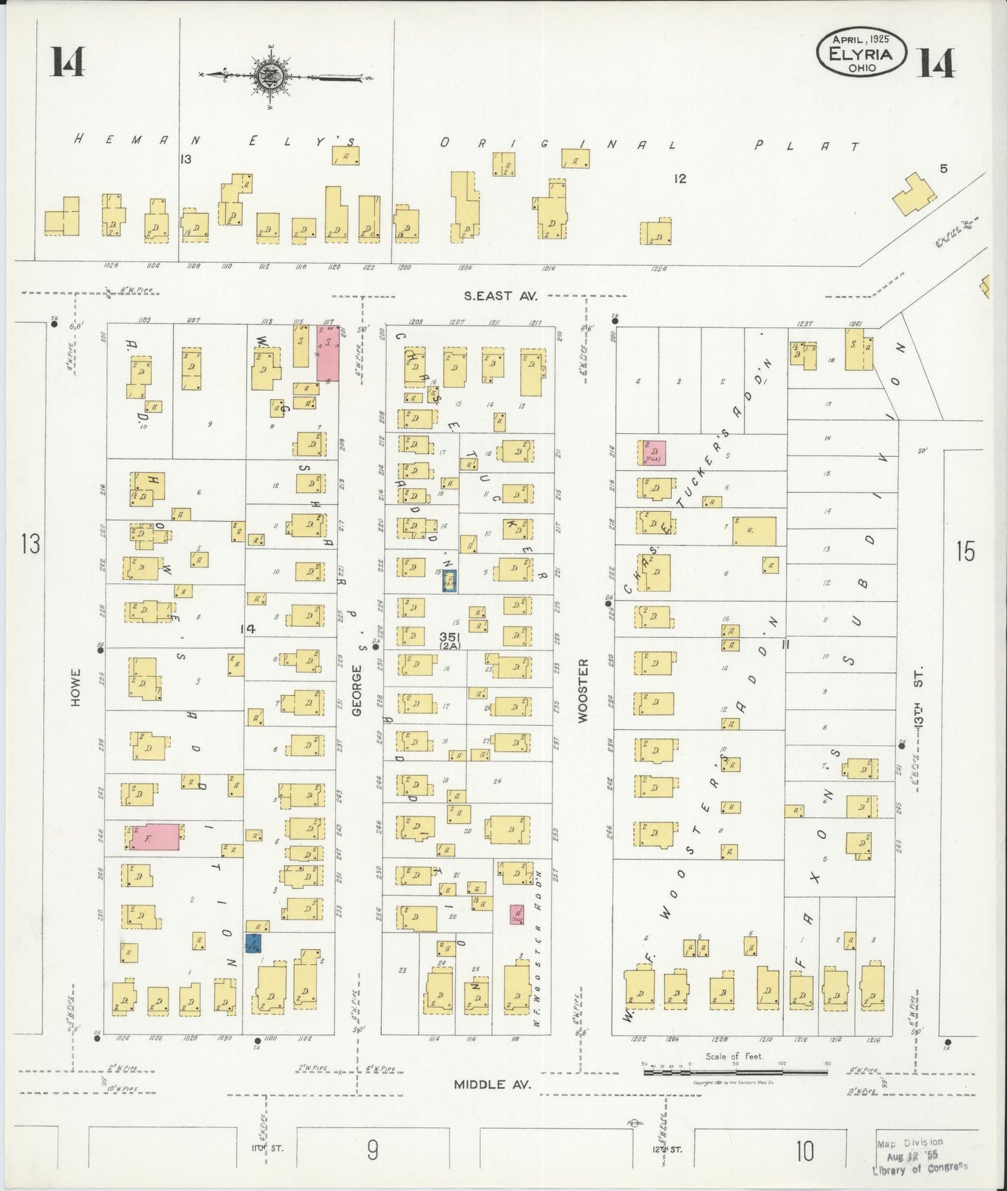 Sanborn Fire Insurance Map from Elyria, Lorain County, Ohio (1925), Sheet #0014 - Historic Sanborn Fire Insurance Map Print, vintage old map wall art, antique decor, genealogy gift, Ohio Ohio map