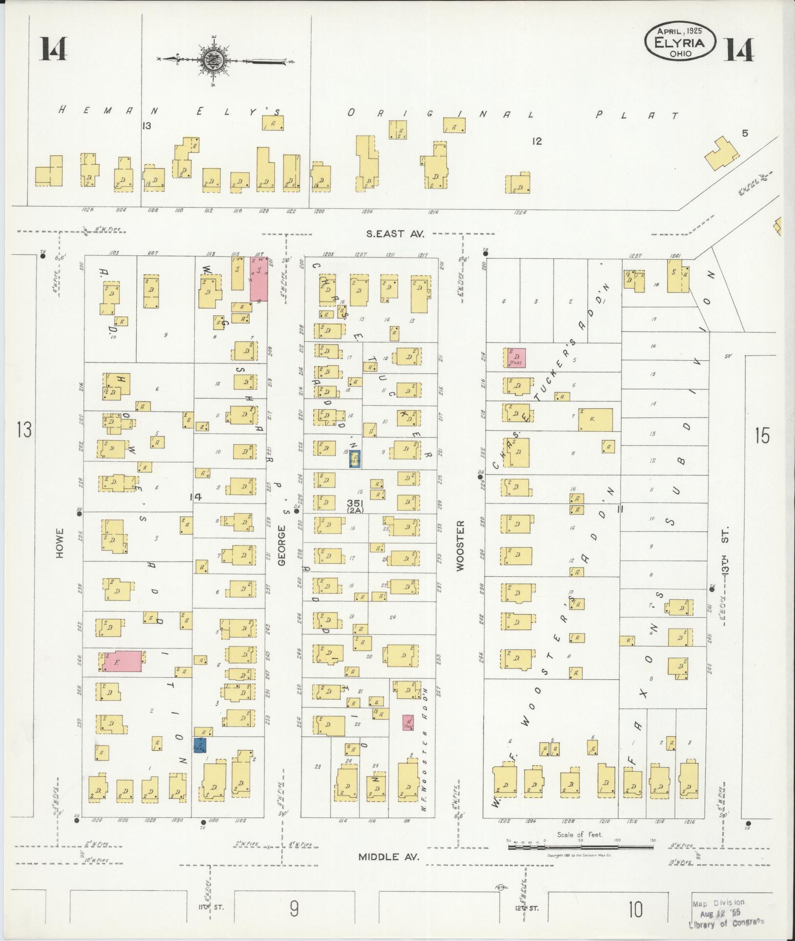 Sanborn Fire Insurance Map from Elyria, Lorain County, Ohio (1925), Sheet #0014 - Historic Sanborn Fire Insurance Map Print, vintage old map wall art, antique decor, genealogy gift, Ohio Ohio map