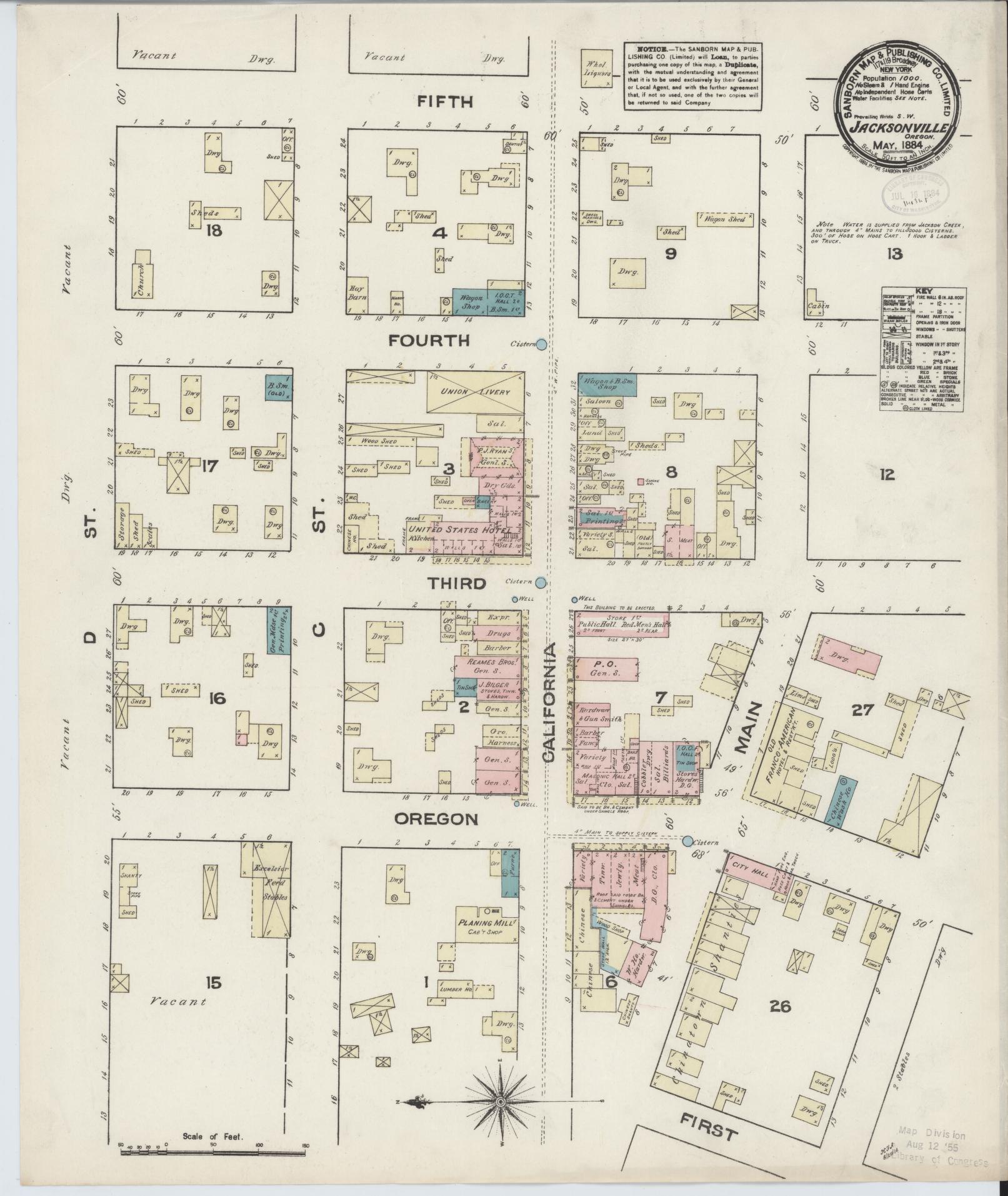 Sanborn Fire Insurance Map from Jacksonville, Jackson County, Oregon (1884), Sheet #0001 - Historic Sanborn Fire Insurance Map Print, vintage old map wall art, antique decor, genealogy gift, Oregon Oregon map
