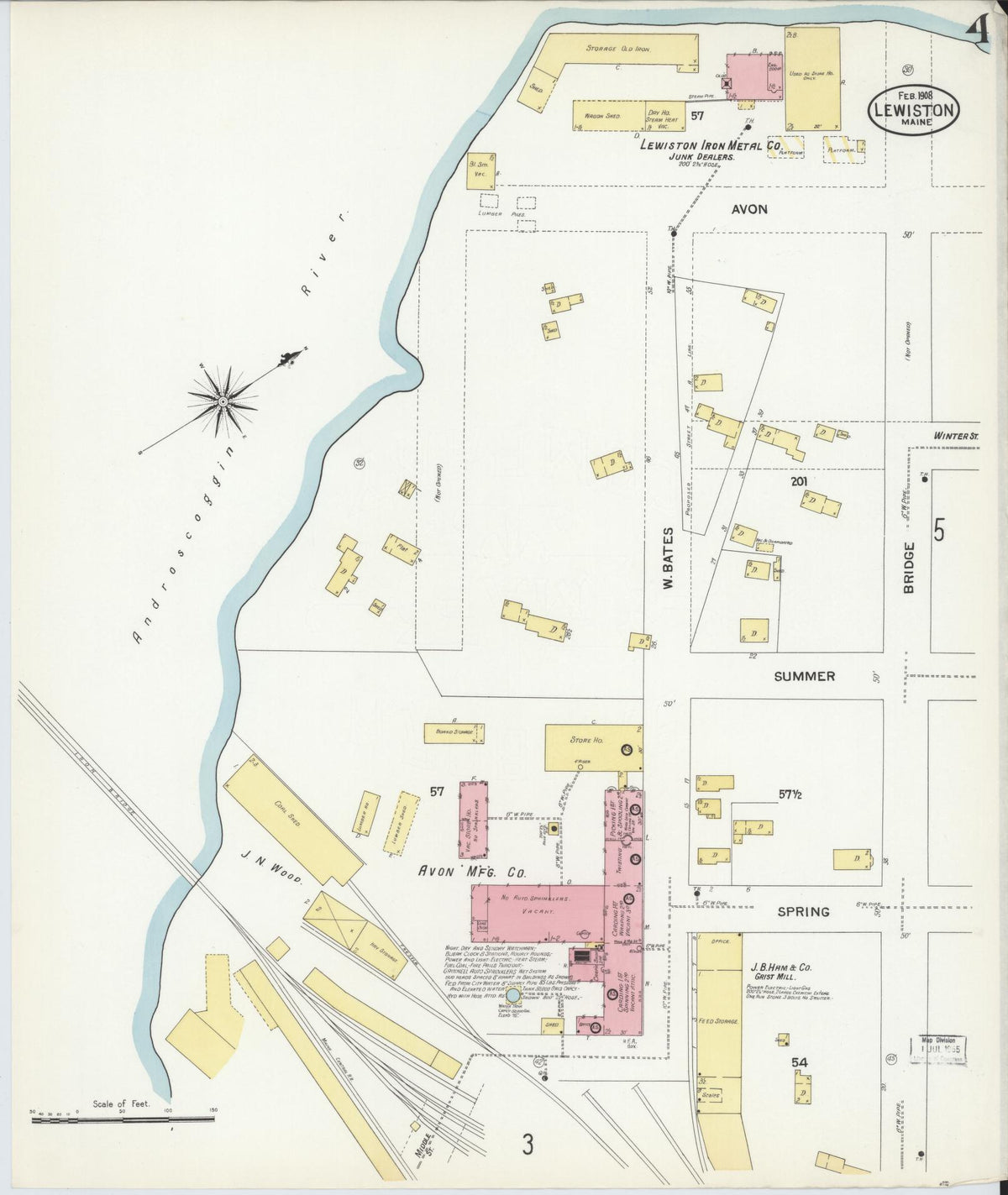 Sanborn Fire Insurance Map from Lewiston, Androscoggin County, Maine (1908), Sheet #0004 - Complete Map Set gallery image, historic Sanborn map, vintage wall art, Maine Maine