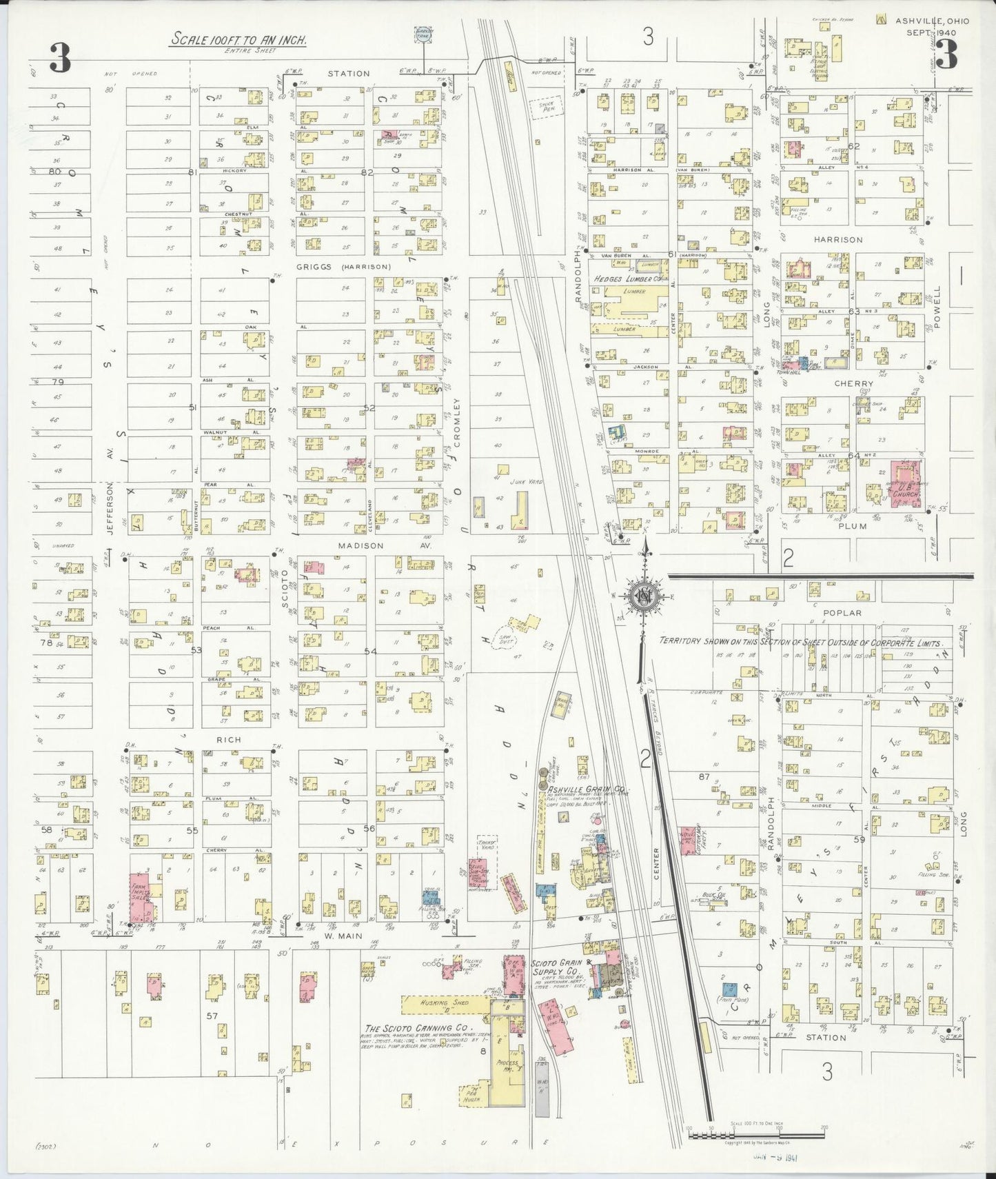 Sanborn Fire Insurance Map from Ashville, Pickaway County, Ohio (1940), Sheet #0003 - Historic Sanborn Fire Insurance Map Print, vintage old map wall art, antique decor, genealogy gift, Ohio Ohio map