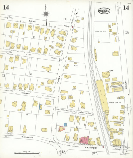 Sanborn Fire Insurance Map from Melrose, Middlesex County, Massachusetts (1923), Sheet #0014 - Historic Sanborn Fire Insurance Map Print, vintage old map wall art, antique decor, genealogy gift, Massachusetts Massachusetts map