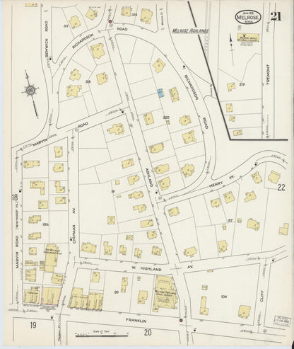 Sanborn Fire Insurance Map from Melrose, Middlesex County, Massachusetts (1915), Sheet #0021 - Historic Sanborn Fire Insurance Map Print, vintage old map wall art, antique decor, genealogy gift, Massachusetts Massachusetts map
