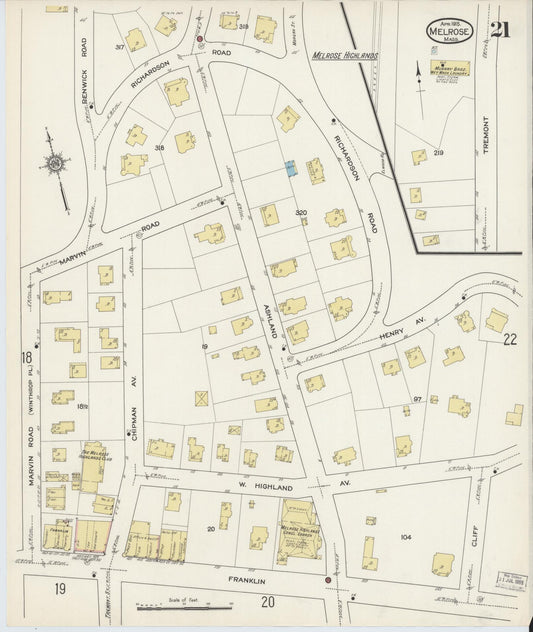 Sanborn Fire Insurance Map from Melrose, Middlesex County, Massachusetts (1915), Sheet #0021 - Historic Sanborn Fire Insurance Map Print, vintage old map wall art, antique decor, genealogy gift, Massachusetts Massachusetts map