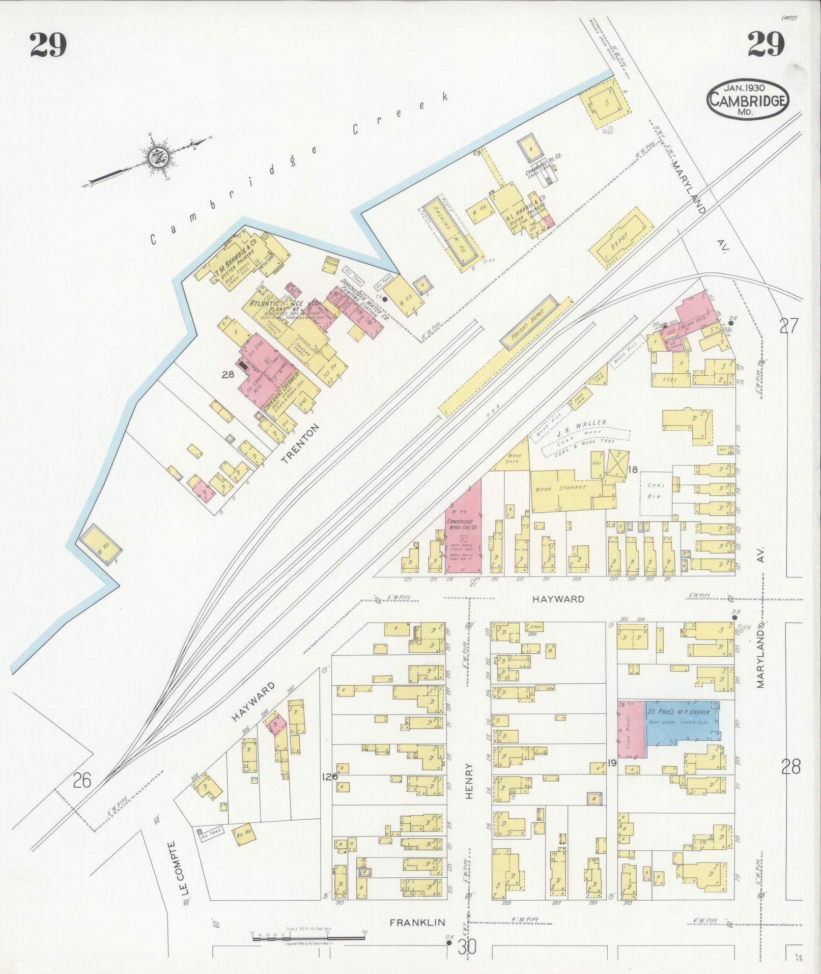 Sanborn Fire Insurance Map from Cambridge, Dorchester County, Maryland (1930), Sheet #0029 - Complete Map Set gallery image, historic Sanborn map, vintage wall art, Maryland Maryland