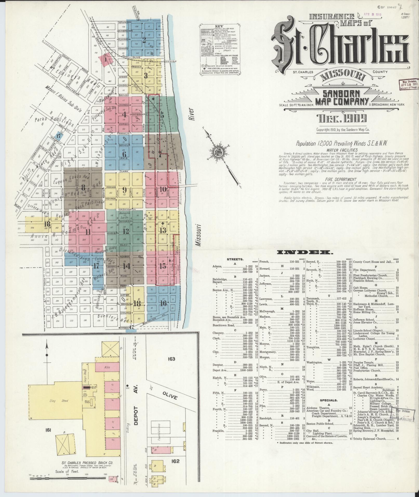 Sanborn Fire Insurance Map from Saint Charles, Saint Charles County, Missouri (1909), Sheet #0001 - Historic Sanborn Fire Insurance Map Print, vintage old map wall art, antique decor, genealogy gift, Missouri Missouri map