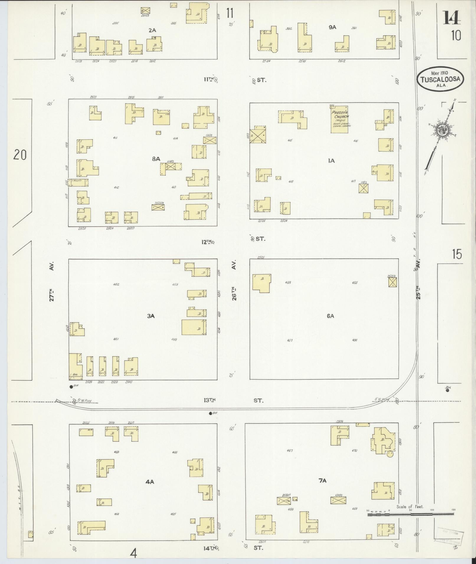 Sanborn Fire Insurance Map from Tuscaloosa, Tuscaloosa County, Alabama (1910), Sheet #0014 - Historic Sanborn Fire Insurance Map Print, vintage old map wall art, antique decor, genealogy gift, Alabama Alabama map
