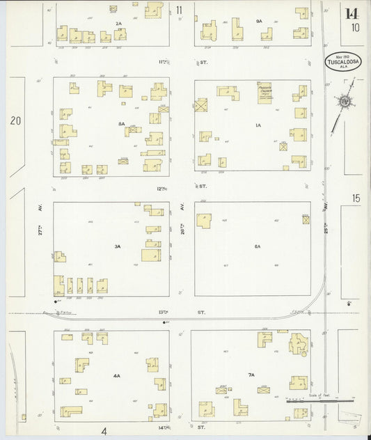 Sanborn Fire Insurance Map from Tuscaloosa, Tuscaloosa County, Alabama (1910), Sheet #0014 - Historic Sanborn Fire Insurance Map Print, vintage old map wall art, antique decor, genealogy gift, Alabama Alabama map