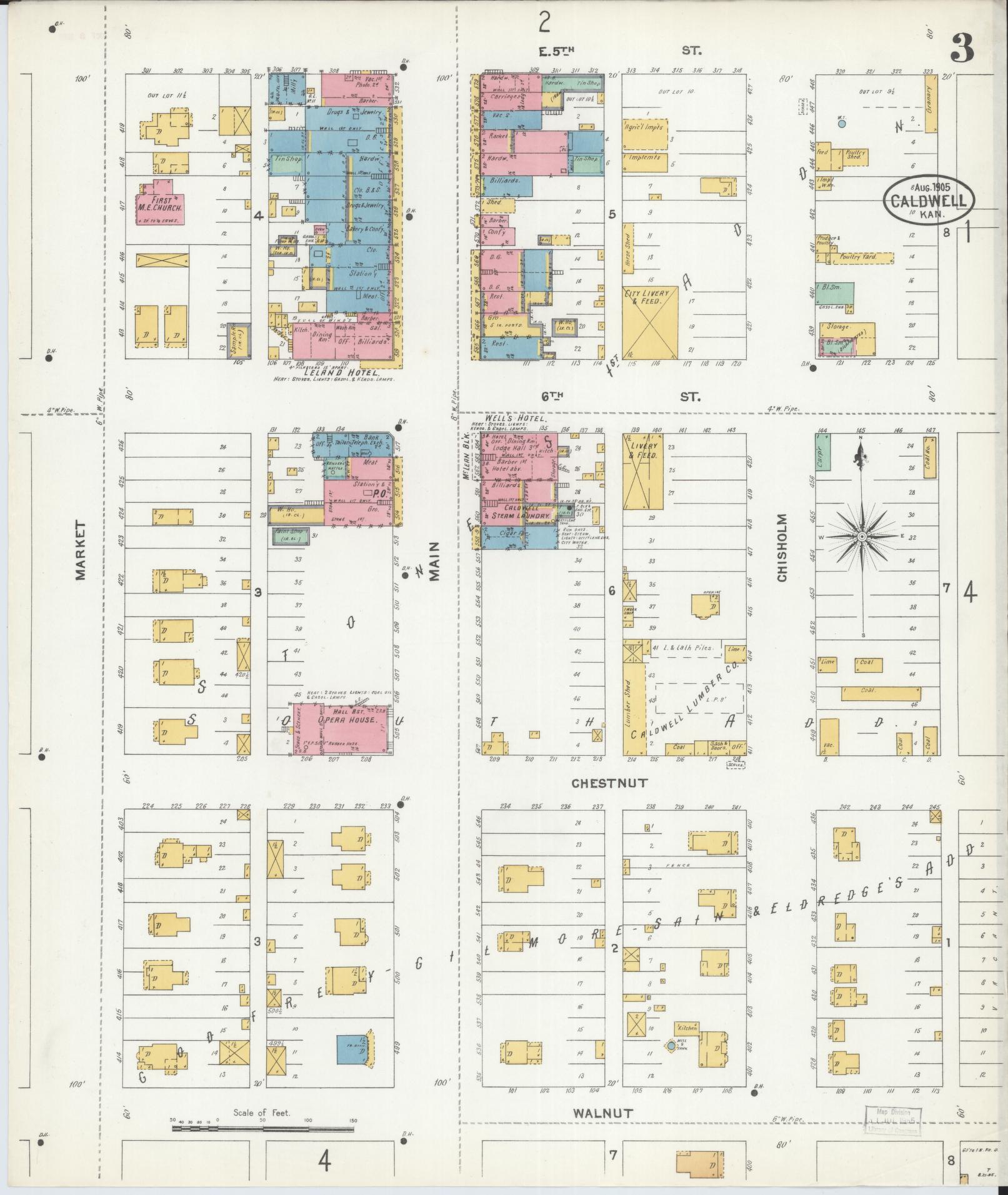 Sanborn Fire Insurance Map from Caldwell, Sumner County, Kansas (1905), Sheet #0003 - Complete Map Set gallery image, historic Sanborn map, vintage wall art, Kansas Kansas