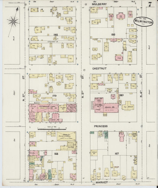 Sanborn Fire Insurance Map from Wilmington, New Hanover County, North Carolina (1889), Sheet #0007 - Historic Sanborn Fire Insurance Map Print, vintage old map wall art, antique decor, genealogy gift, North Carolina North Carolina map