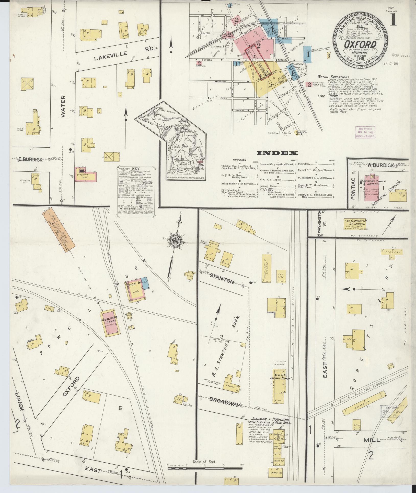 Sanborn Fire Insurance Map from Oxford, Oakland County, Michigan (1915), Sheet #0001 - Complete Map Set gallery image, historic Sanborn map, vintage wall art, Michigan Michigan