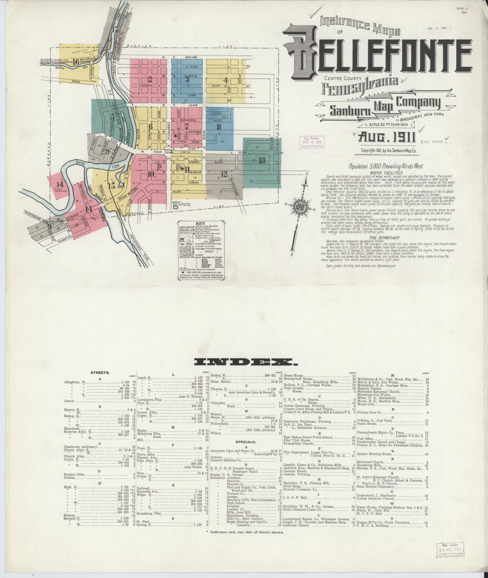 Sanborn Fire Insurance Map from Bellefonte, Centre County, Pennsylvania (1911), Sheet #0001 - Historic Sanborn Fire Insurance Map Print, vintage old map wall art, antique decor, genealogy gift, Pennsylvania Pennsylvania map
