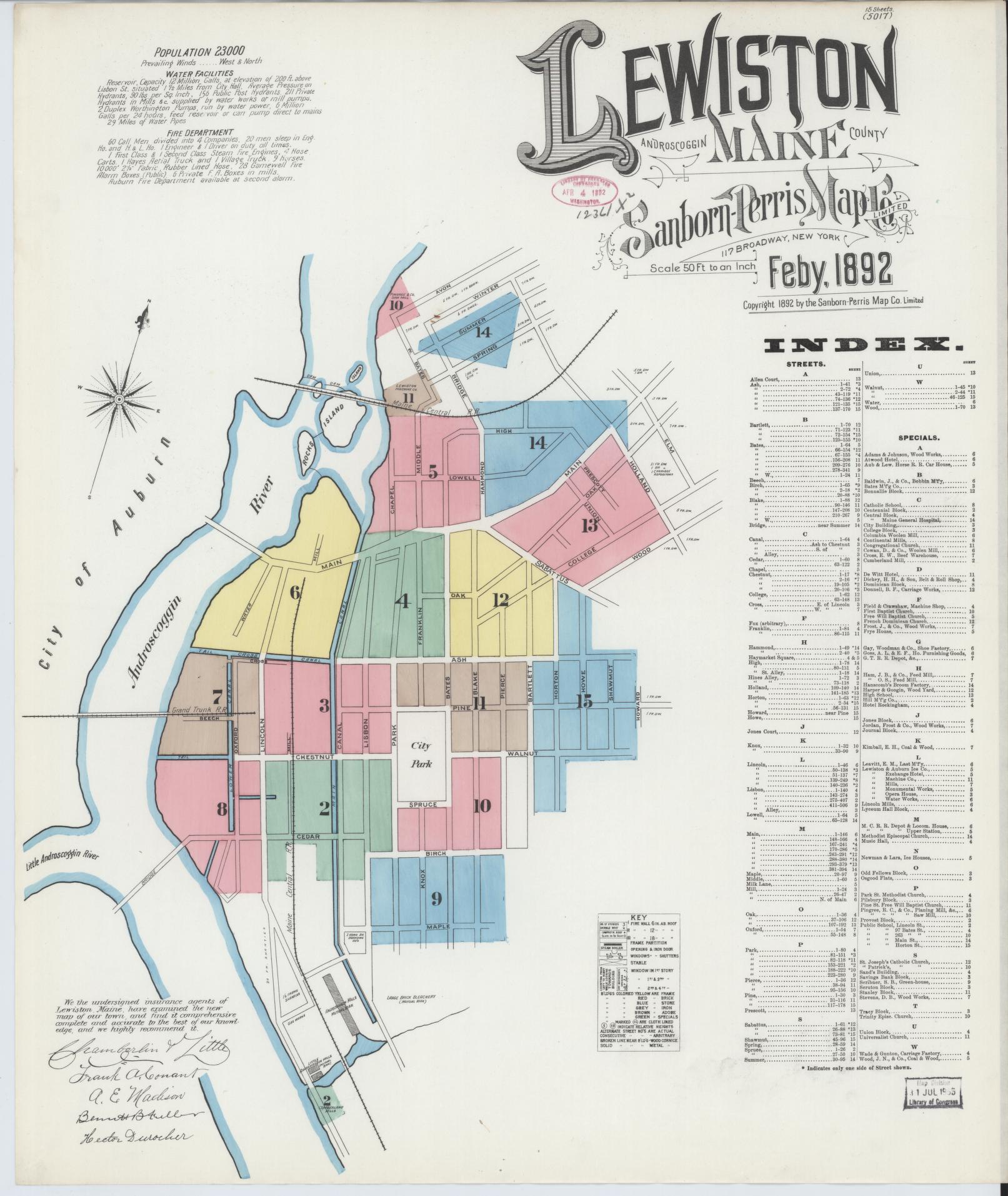 Sanborn Fire Insurance Map from Lewiston, Androscoggin County, Maine (1892), Sheet #0001 - Historic Sanborn Fire Insurance Map Print, vintage old map wall art, antique decor, genealogy gift, Maine Maine map