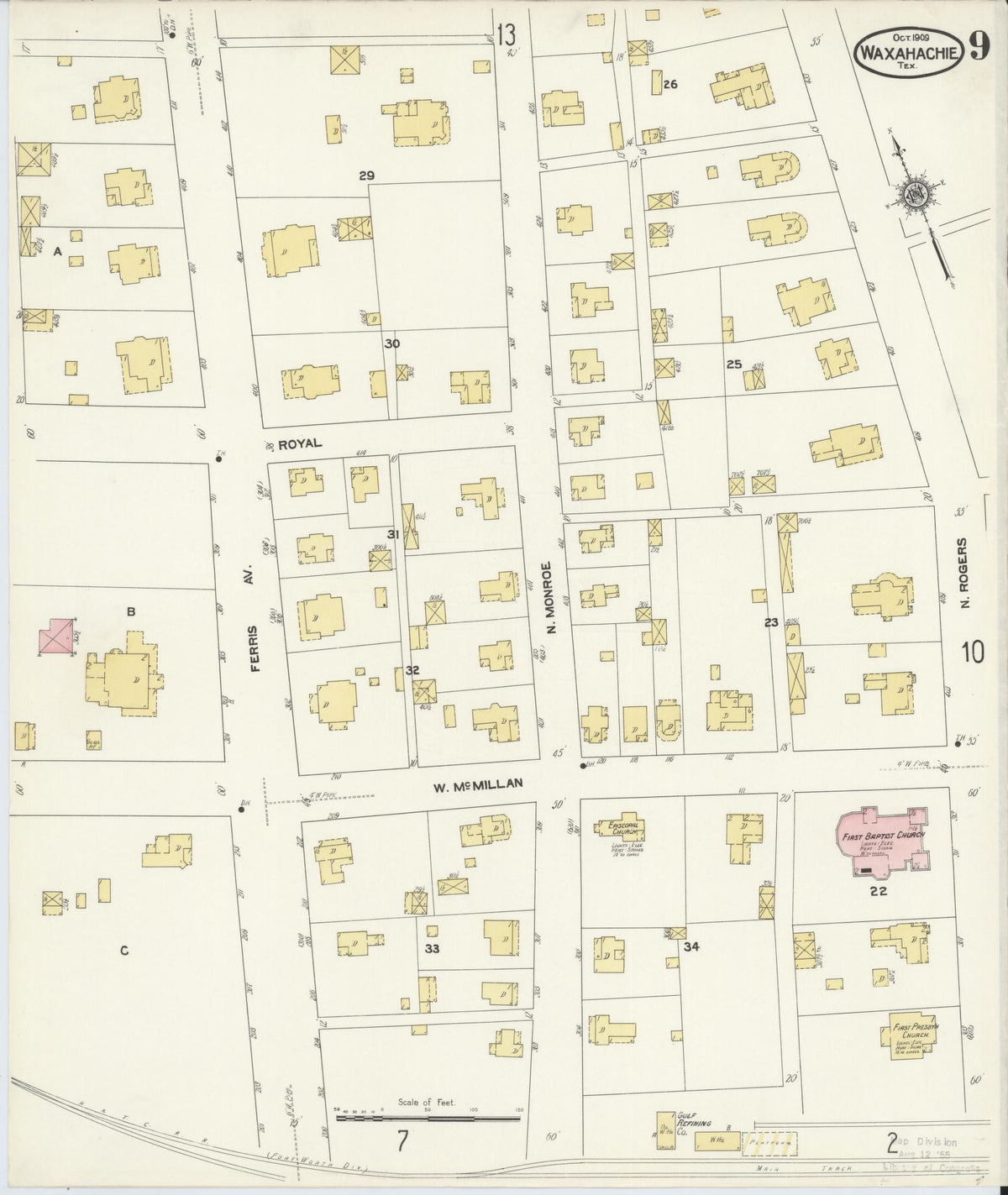 Sanborn Fire Insurance Map from Waxahachie, Ellis County, Texas (1909), Sheet #0009 - Historic Sanborn Fire Insurance Map Print, vintage old map wall art, antique decor, genealogy gift, Texas Texas map