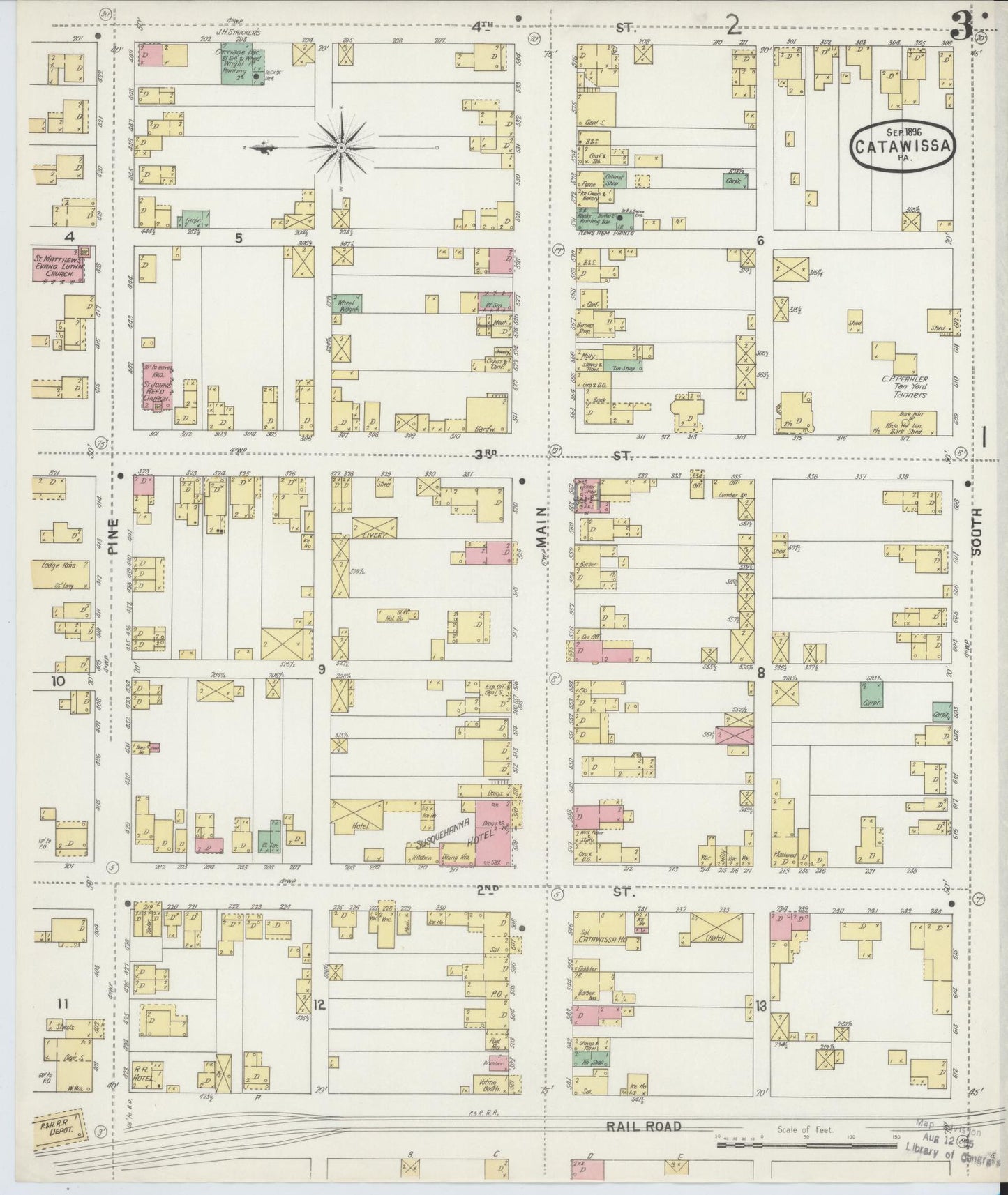 Sanborn Fire Insurance Map from Catawissa, Columbia County, Pennsylvania (1896), Sheet #0003 - Historic Sanborn Fire Insurance Map Print, vintage old map wall art, antique decor, genealogy gift, Pennsylvania Pennsylvania map