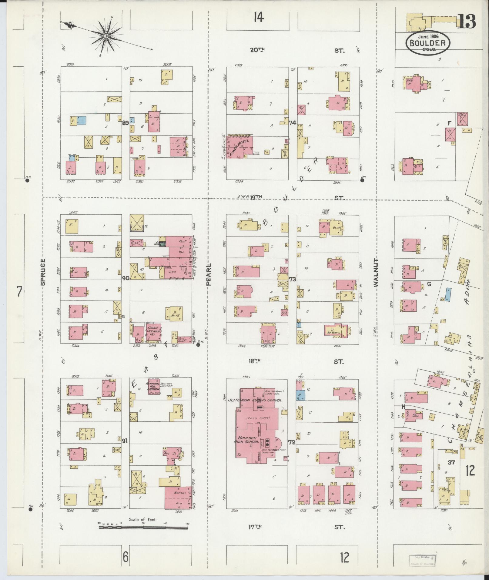 Sanborn Fire Insurance Map from Boulder, Boulder County, Colorado (1906), Sheet #0013 - Historic Sanborn Fire Insurance Map Print, vintage old map wall art, antique decor, genealogy gift, Colorado Colorado map