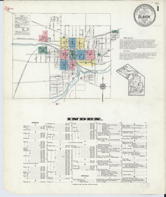 Sanborn Fire Insurance Map from Albion, Calhoun County, Michigan (1913), Sheet #0001 - Historic Sanborn Fire Insurance Map Print, vintage old map wall art, antique decor, genealogy gift, Michigan Michigan map