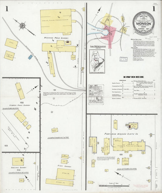 Sanborn Fire Insurance Map from Monson, Piscataquis County, Maine (1927), Sheet #0001 - Historic Sanborn Fire Insurance Map Print, vintage old map wall art, antique decor, genealogy gift, Maine Maine map