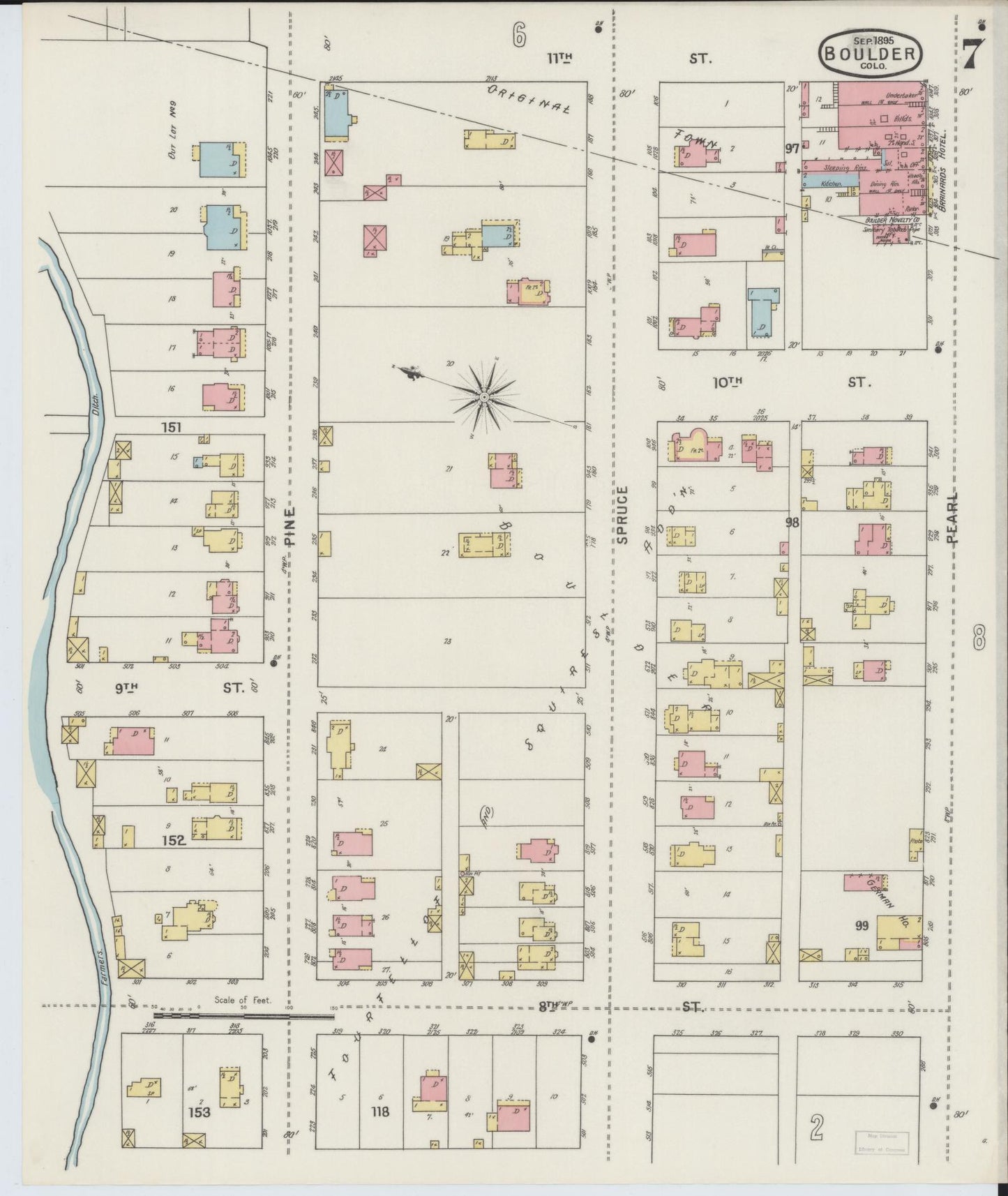 Sanborn Fire Insurance Map from Boulder, Boulder County, Colorado (1895), Sheet #0007 - Complete Map Set gallery image, historic Sanborn map, vintage wall art, Colorado Colorado